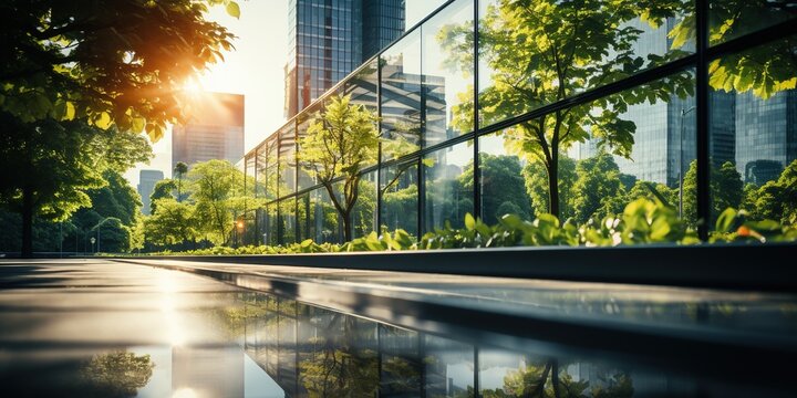 Eco - Friendly Building In The Modern City. Sustainable Glass Office Building With Trees For Reducing Heat And Carbon Dioxide. Office Building With Green Environment.