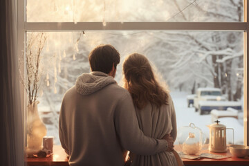 Couple looks out of the window at the snow covered outdoors, back view. Generative AI