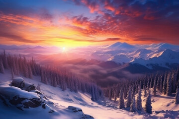 Amazing morning winter landscape with mountains. Generative AI