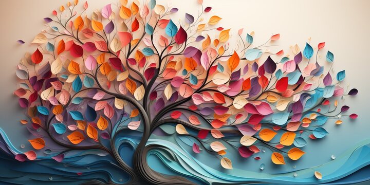 Elegant colorful tree with vibrant leaves hanging branches illustration background. Bright color