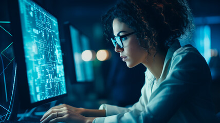 Woman wearing glasses working with glowing computer - obrazy, fototapety, plakaty