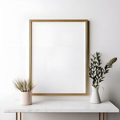 empty white room with wall,frame,pot,tree,vase,light,AI generated