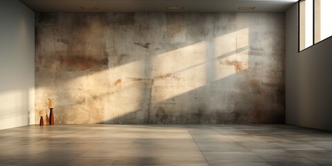 Empty room interior with concrete walls, grey floor with light and soft skylight from window. Background with copy - space