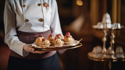 Waitress in uniform delivering tray with food in a room of hotel. Special service of VIP guests.