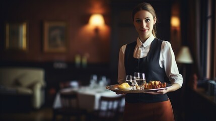 Waitress in uniform delivering tray with food in a room of hotel. Special service of VIP guests. © Oulaphone