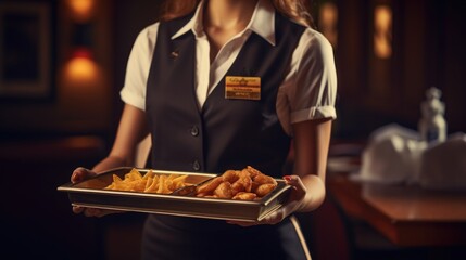 Waitress in uniform delivering tray with food in a room of hotel. Special service of VIP guests.