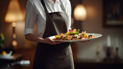 Waitress in uniform delivering tray with food in a room of hotel. Special service of VIP guests. - obrazy, fototapety, plakaty