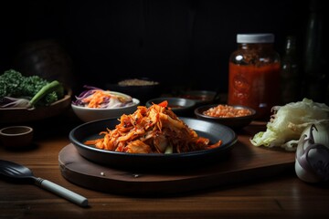 Plate of assorted korean kimchi, menu recipe, generative ai - obrazy, fototapety, plakaty