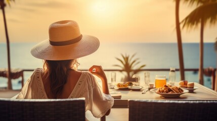 Young woman on summer vacation enjoying breakfast on a luxury hotel resort terrace overlooking the sea. - obrazy, fototapety, plakaty