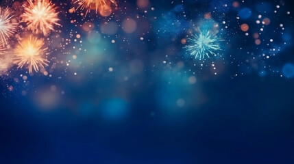 Golden fireworks on dark blue sky, celebration and happy new year concept abstract background illustration.