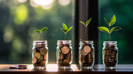 Young plants growing from coins in several savings jars, saving money for future, alternative investments and sustainability concept.