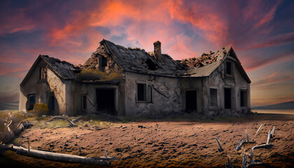 Abandoned farmhouse in the desert due to global warming (concept art)
