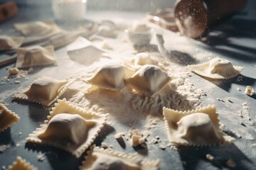 Raw ravioli with flour cooking conce, top view with copy space. Generative ai.