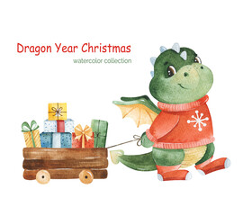 Watercolor winter illustration. Cute cartoon dragon with wooden cart and gift boxes. Symbol of the year 2024.Perfect for invitation,baby shower,print,textile,holiday,Christmas party,greeting.