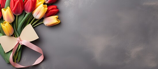 Red and yellow callas marshmallows and marmalade in a box on a gray concrete background with lettering celebrating International Women s Day in German