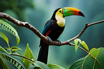 Foto auf Glas In the lush forests of Costa Rica, amidst the vibrant green foliage, a toucan is spotted perched gracefully on a branch. This natural spectacle embodies the essence of a Central American nature advent © misbah