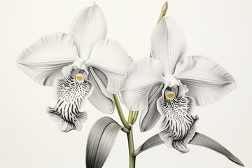 Classic drawing of two orchids: paphiopedilum venustum and cattleya skinneri. Generative AI - obrazy, fototapety, plakaty