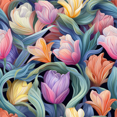 Delicate tulip blooms with swirling leaf elements seamless pattern, AI Generated