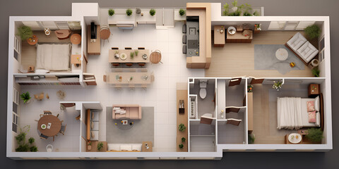 A floor plan of a bedroom with a kitchen and a living room with a couch and a coffee table, Empty apartment top view with cozy interior design in beige tones generative ai