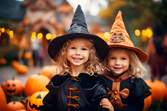 Dos preciosas niñas disrazadas celebrando la fiesta de Halloween en un jardín bellamente decorado con calabazas.