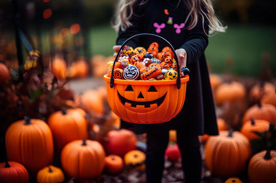 Niña disfrazada sostiene calabaza Jack-O-Lantern con dulces y caramelos para fiesta de Halloween. Celebración día de difuntos.