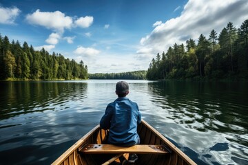 Fototapeta na wymiar boy in a boat on peaceful lake outdoor adventure