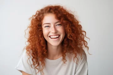 Fotobehang Portrait of a beautiful redhead curly girl. AI generative © tiena