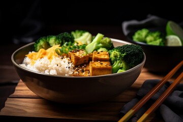 Fototapeta na wymiar Asian vegan bowl with rice broccoli and fried tofu. Generative AI.