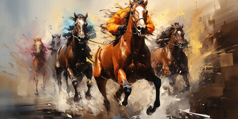 Horse race in an illustration of horses racing down the track