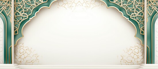 Luxurious Arabic background with stylish white and green patterns and ornate arch frame