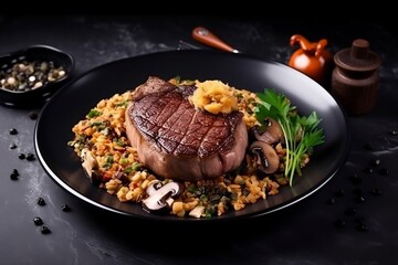 Beef steak with bulgur and mushrooms on plate. Restaurant menu. Top view. Generative AI.
