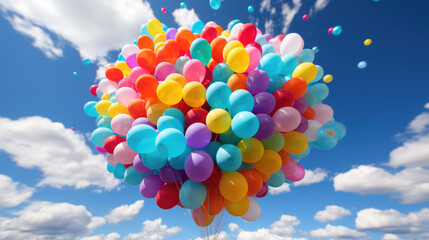 Rainbow colored balloons in the sky and clouds
