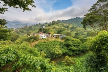 Fototapeta na wymiar Scenic coffee plantation nestled among mountains and cityscape. Generative AI