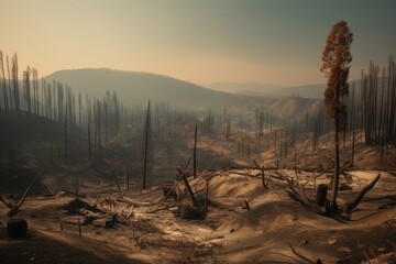 Post-wildfire landscape with dust, ashes, and signs of illegal deforestation; conveying global warming and ecological concerns. Generative AI