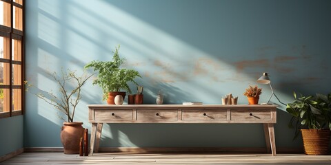 Interior background with painted wall, wooden desk, and light in a barren Mediterranean style. wood flooring