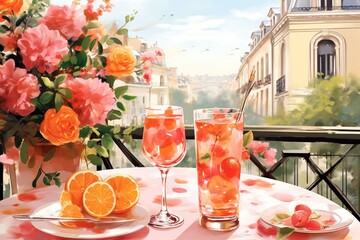 Lively al fresco scene with a delightful rosé and orange drink. Generative AI