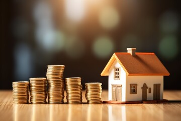 Wood House with stacks of coins and a rising curve symbolizing rising real estate prices, saving, profit and growth concepts.