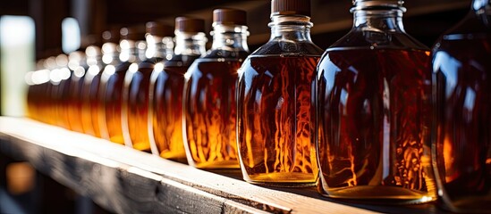 Maple syrup bottles on a rack in a small New Hampshire farm facility