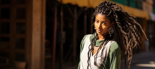 Cool Indian woman with flying braids on street