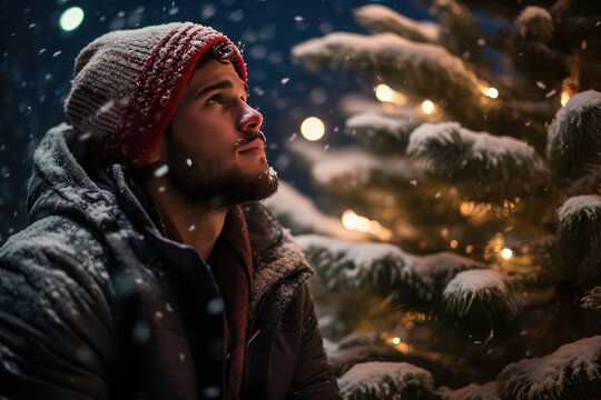 Photo Of A 30 Year Old Man In The Snow Looking At A Christmas Tree,