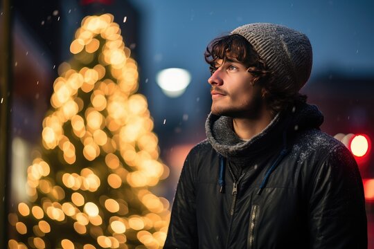 Photo Of A 30 Year Old Man In The Snow Looking At A Christmas Tree,