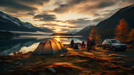 Camping on the shore of the lake at sunset in the mountains