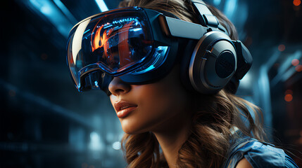 Close up portrait of young woman in virtual reality headset. Mixed media