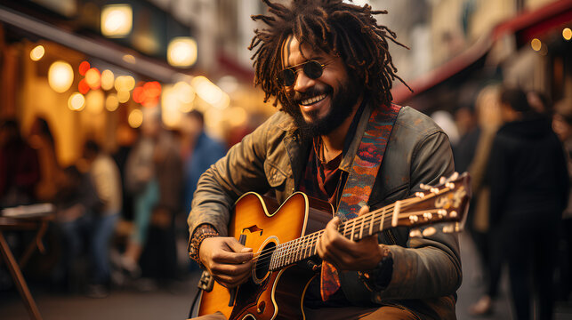 Handsome african american man with dreadlocks playing guitar in the street.