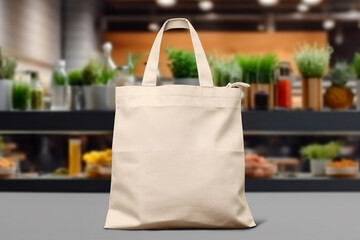 Mockup shopper tote bag handbag on supermarket mall background. Copy space shopping eco reusable bag. Grocery tote-bag accessories. Template blank cotton material canvas cloth. Tote bag mockup.