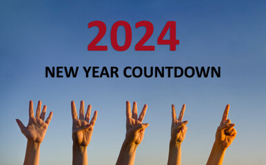 Happy New Year 2024 countdown concept. Hands counting down for new year. High resolution photo image can be used as large display, print, website banner, social media post.