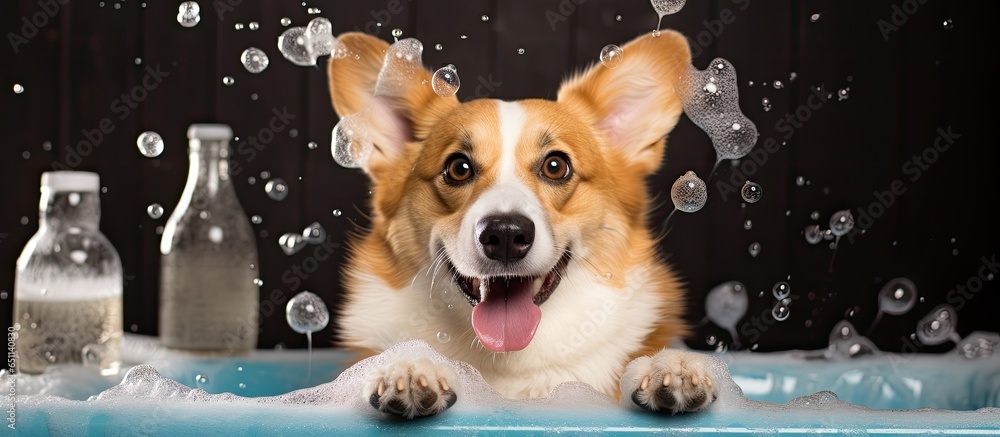 Sticker Humorous artwork depicting a Welsh Corgi enjoying a bubbly bath in a grooming salon