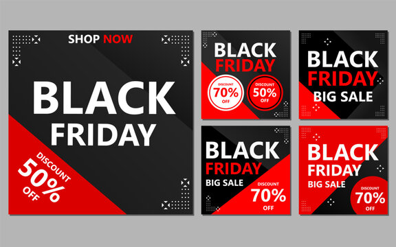 a set of black friday banners with red and black geometric shapes.