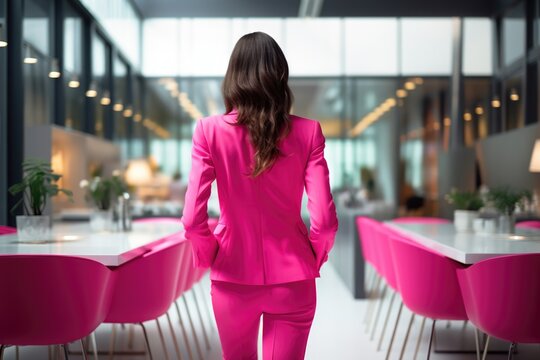 business woman in elegant pink suit walk in office