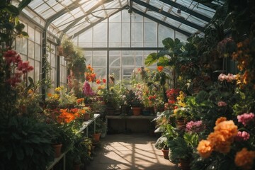 Tropical garden in a greenhouse with flowers and plants in pots